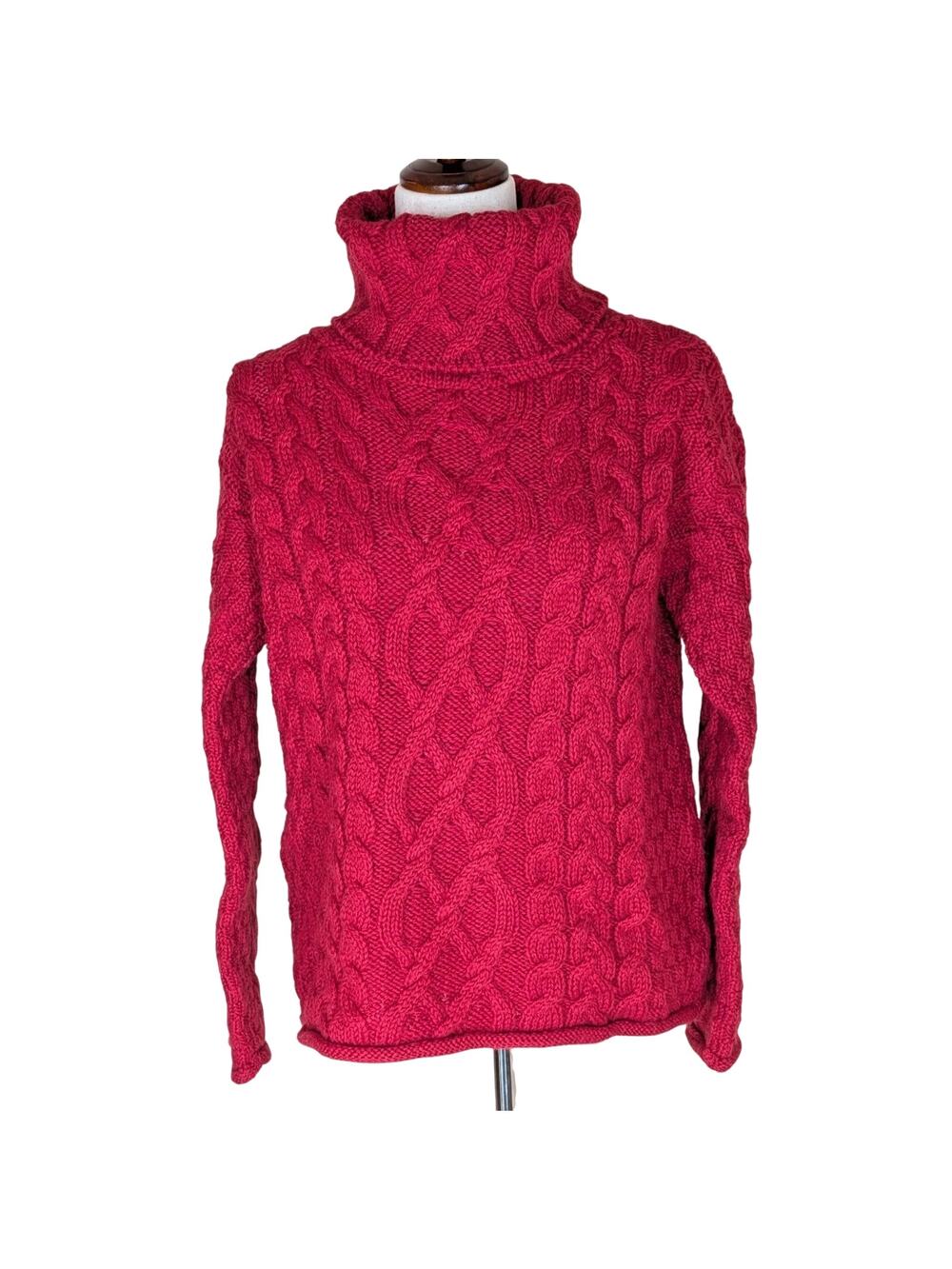 Inis Crafts Merino Wool Red Cable Knit Turtleneck Sweater Women's Medium Ireland